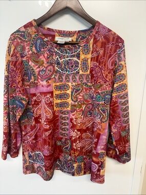 Christopher & Banks Red Pink Paisley Patchwork Long Sleeve Top